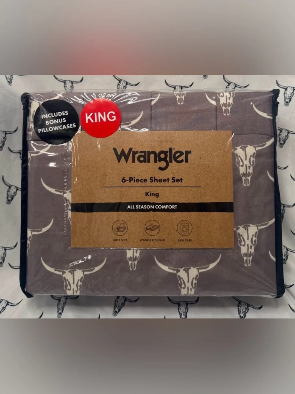 NEW Wrangler King Size 6-piece sheet set featuring a Western-Steer-Skull Style